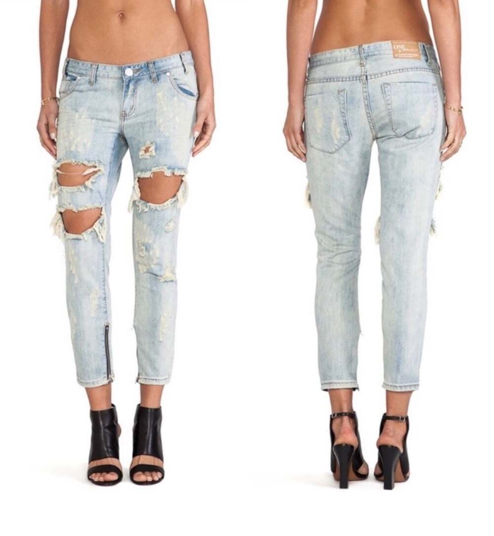 One Teaspoon Trashed Freebirds Distressed Ankle Zip Light Jeans 27